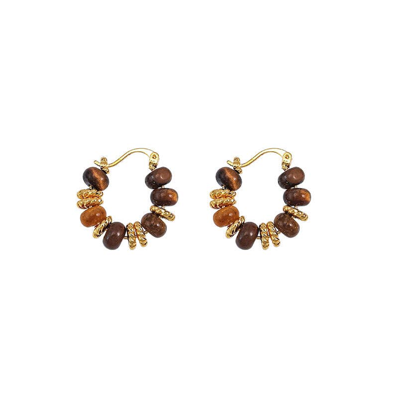 Tiger Eye Stone Bead Hoop Earrings