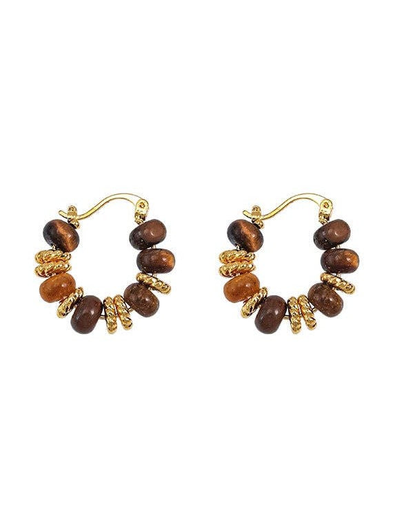 Tiger Eye Stone Bead Hoop Earrings