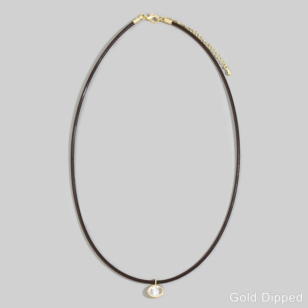 Gold Dipped Oval Bezel Cz Cord Pendant Necklace: Brown