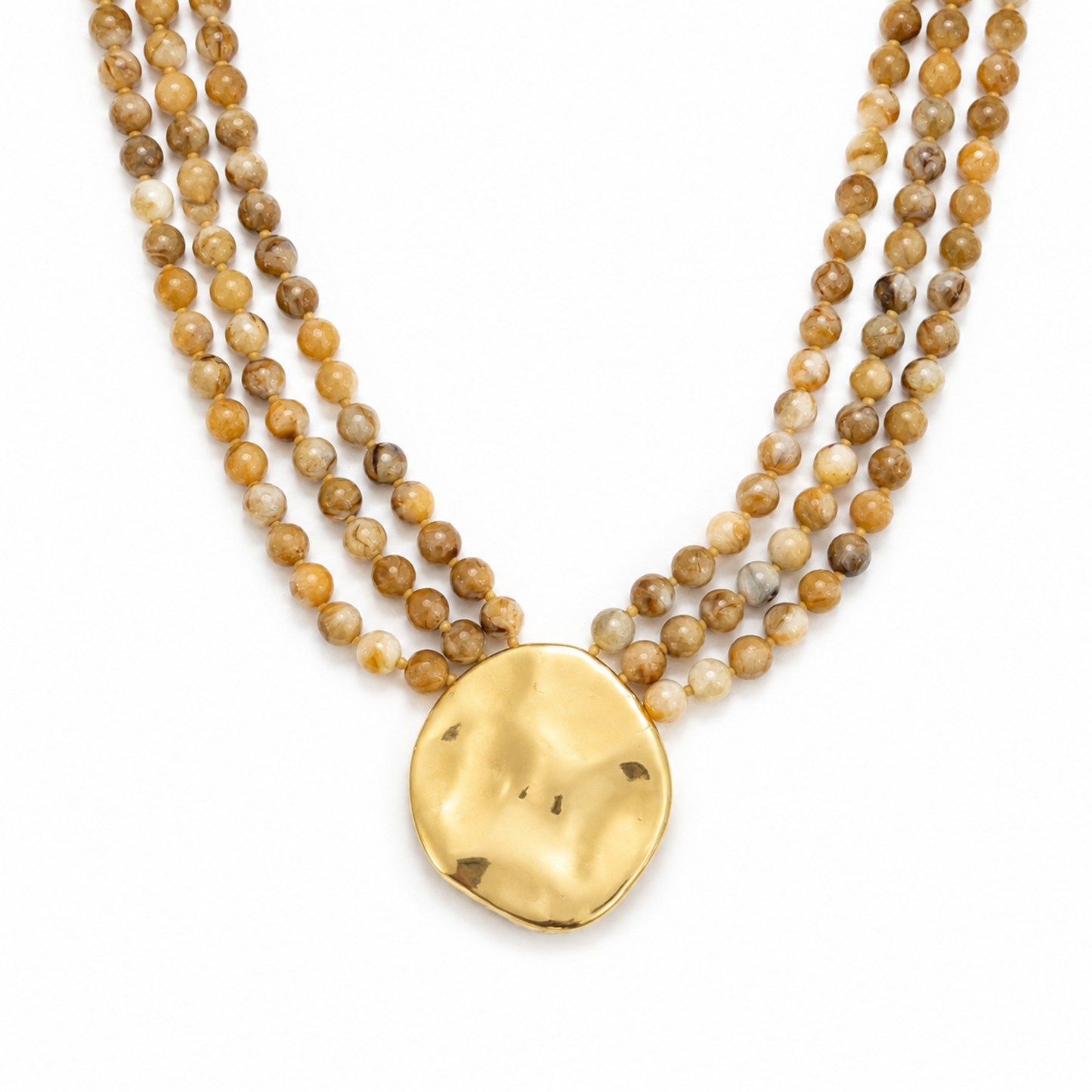 Gorgeously Draping Statement Beaded Necklace - 3 Row Marbled Beads: Light Brown
