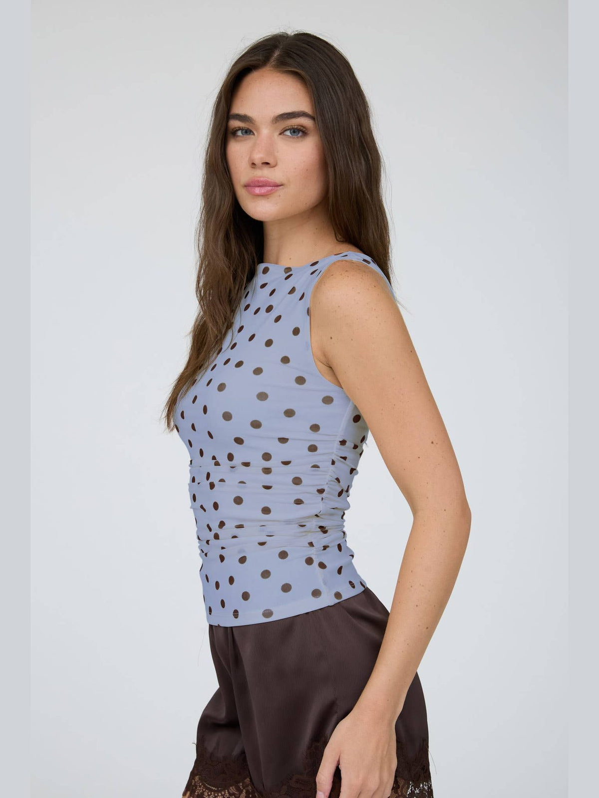 VIC POLKA DOT TOP - DUSTY BLUE & BROWN