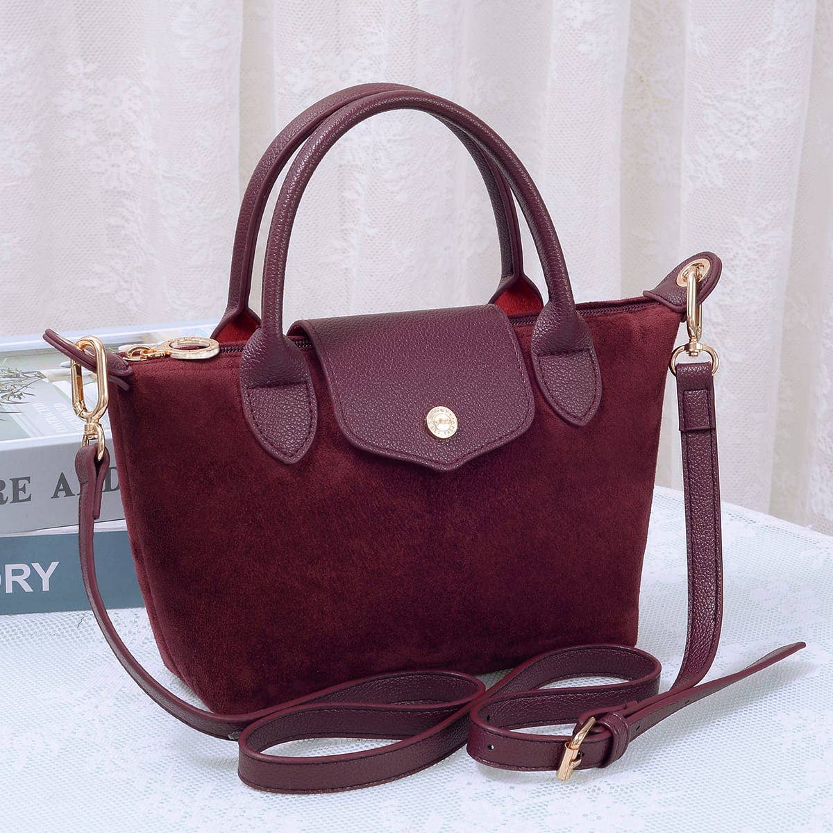 Britney Suede Double Handle Crossbody Bag: Burgudy