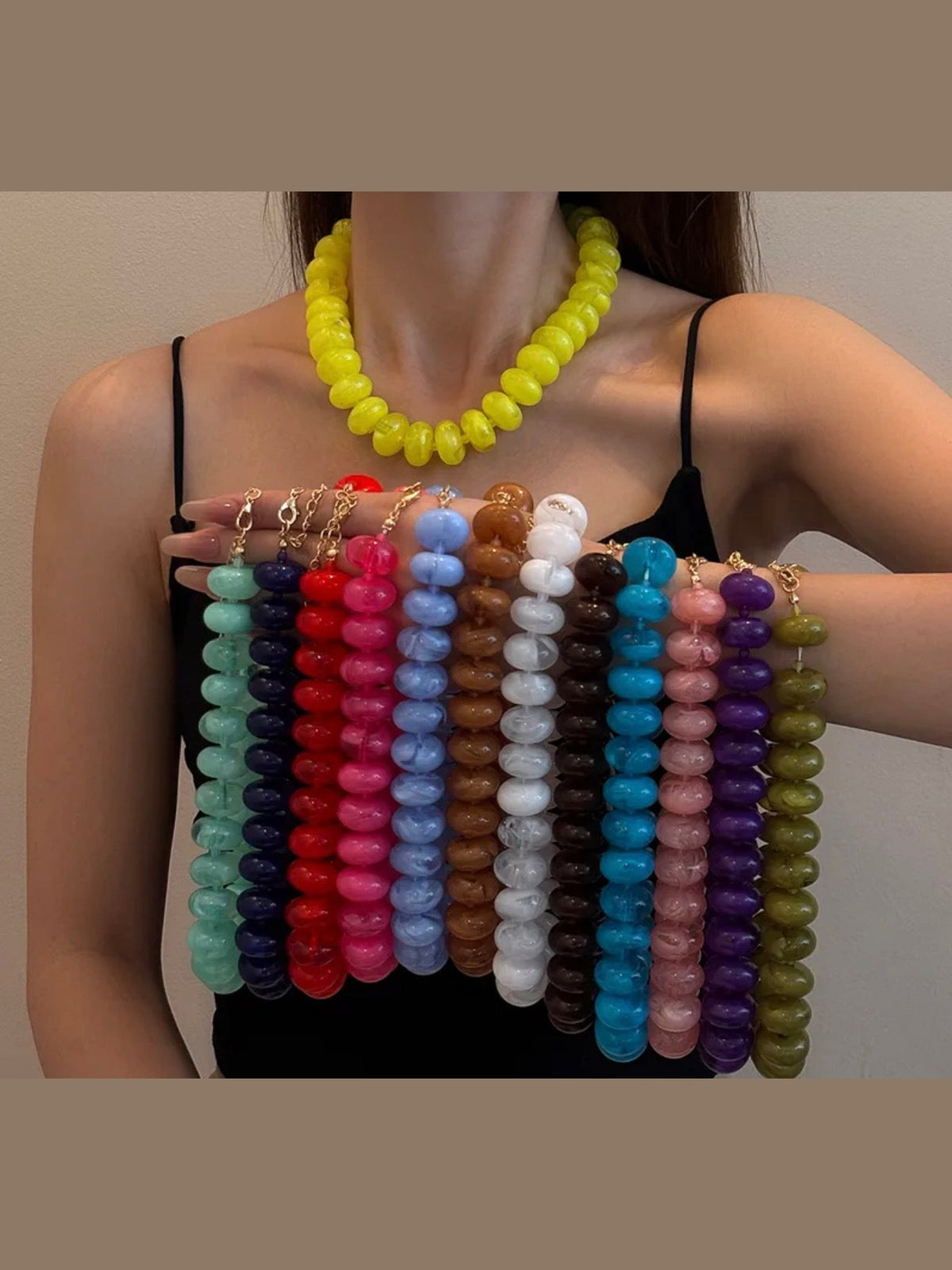 Statement Beaded Necklace: Light Olive