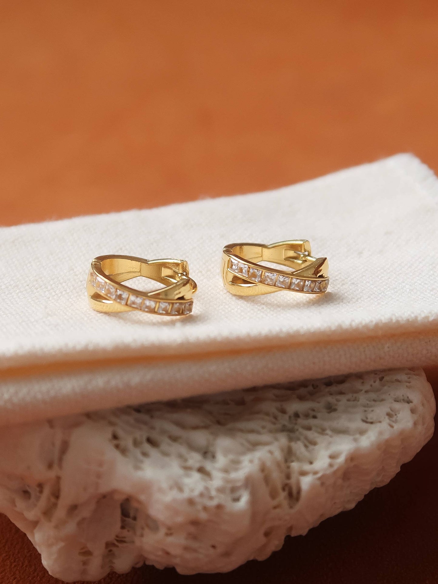 Maissac 18K Gold Non-Tarnish CZ Crossover Huggie Earrings