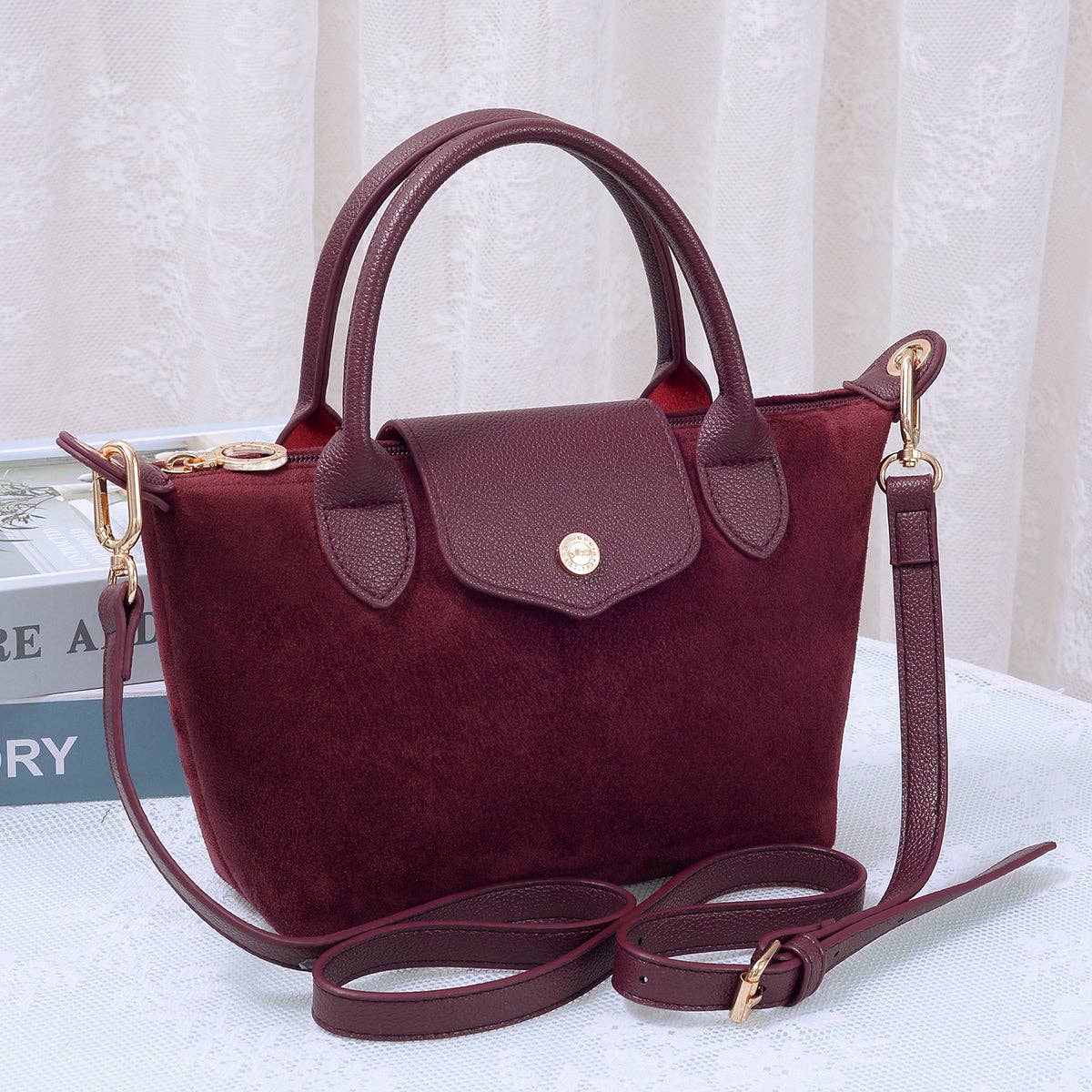 Britney Suede Double Handle Crossbody Bag: Burgudy