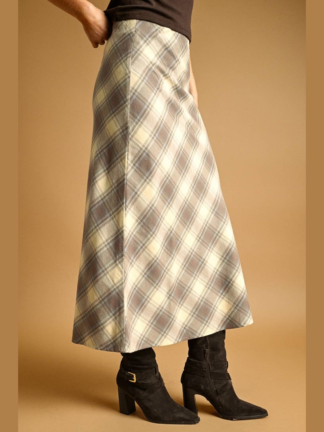 PLAID PRINTED STRETCH MAXI SKIRT