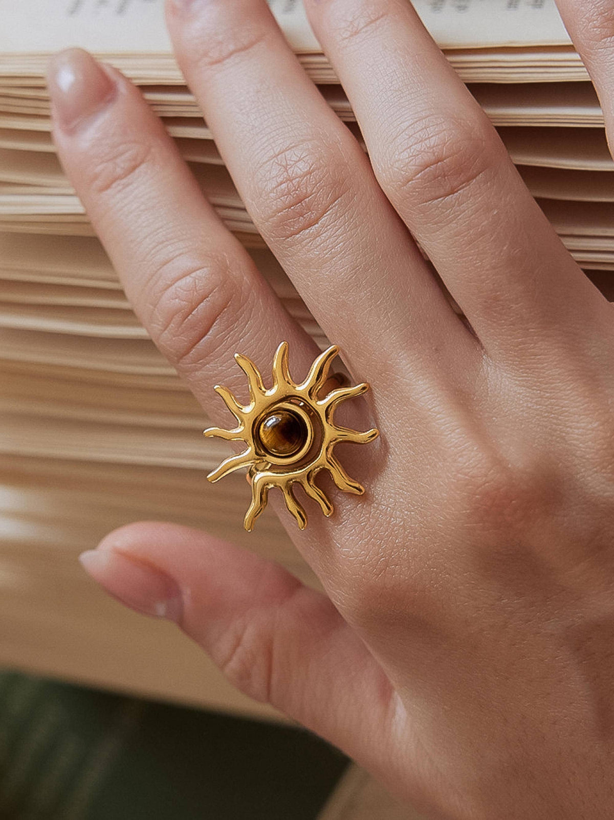 Hawthorne 18K Gold Non-Tarnish Tiger Eye Sun Ring: Brown / 7