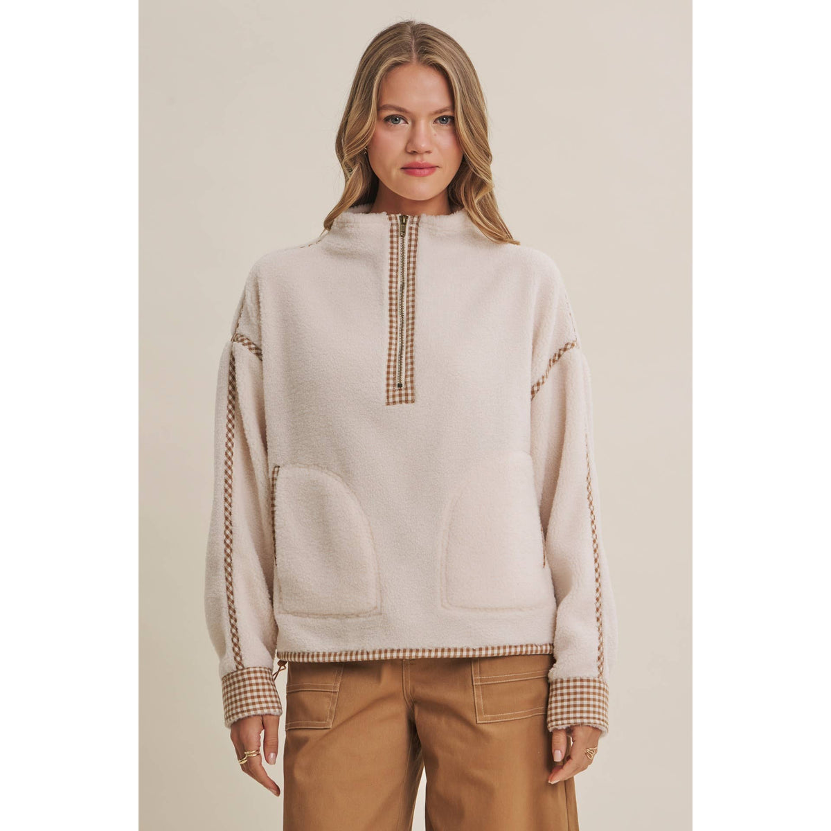 COZY CABIN GINGHAM TRIM SHERPA FLEECE HALF-ZIP PULLOVER: CREAM