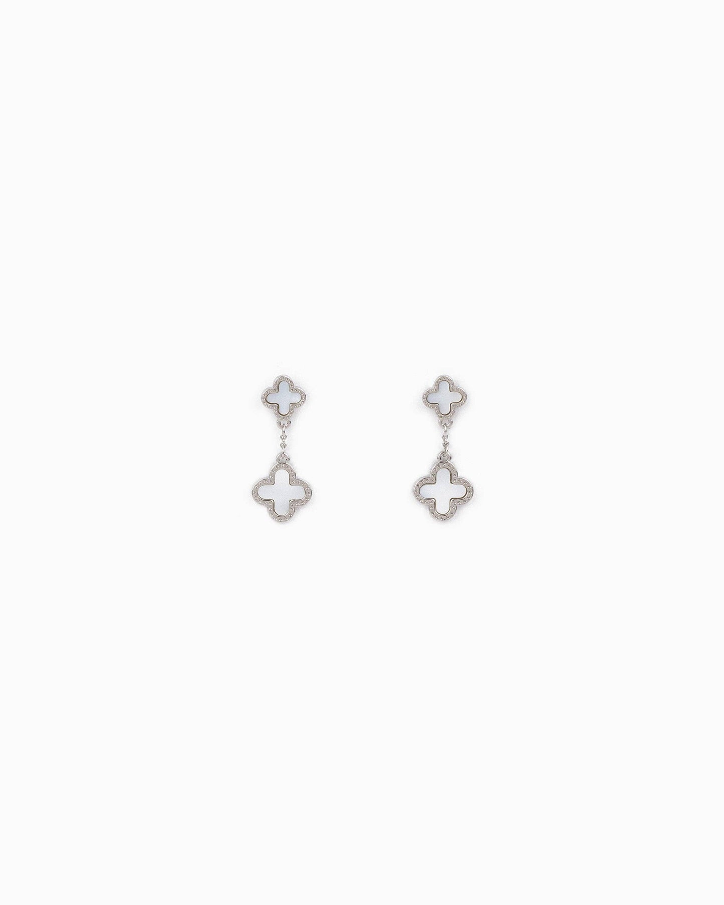 Mother of Pearl Double Clover Drop Earrings: Silver White