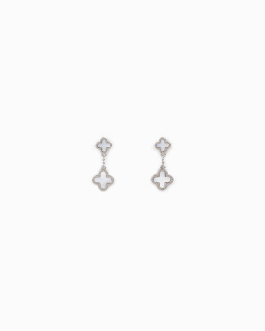 Mother of Pearl Double Clover Drop Earrings: Silver White