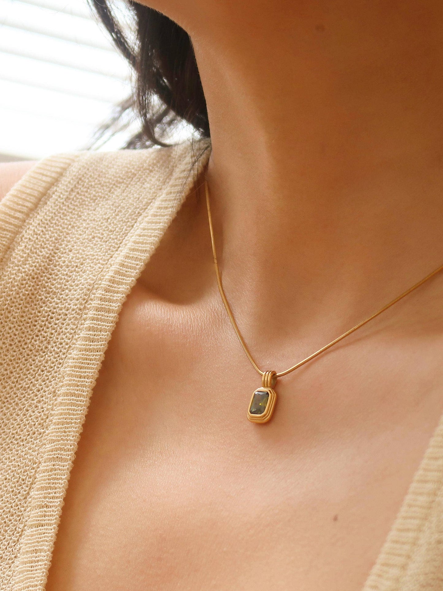 Maeve 18K Non-Tarnish Green Square Stone Pendant: Green