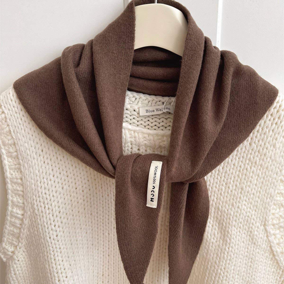 100% Wool Knit Triangle Scarf: Coffee