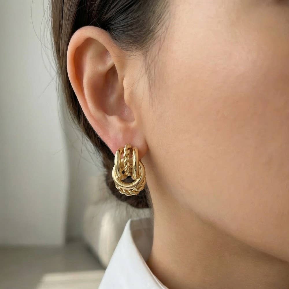 Gold Dipped Knotted Hoops Stud Earrings: GOLD