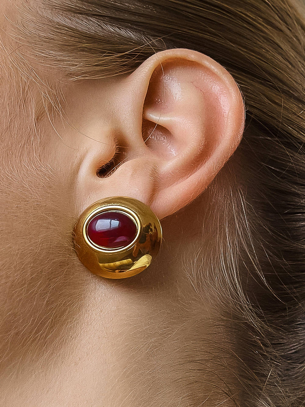 Pine 18K Gold Non-Tarnish Red Stone Stud Earrings: Yellow Gold