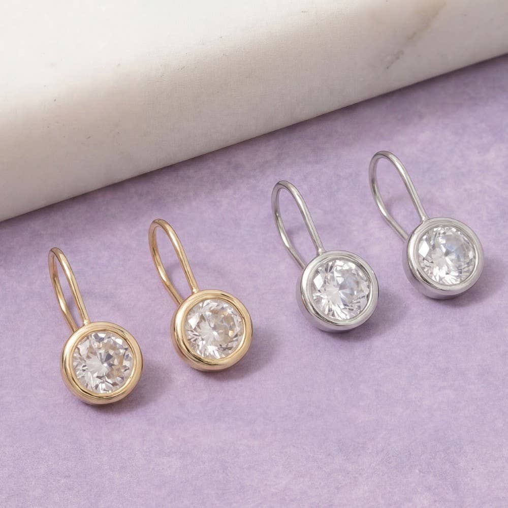 Round Cz Bezel Drop Earrings: Silver