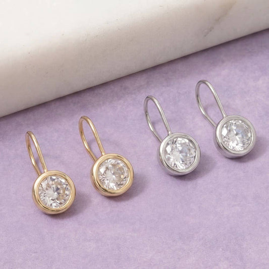 Round Cz Bezel Drop Earrings: Silver