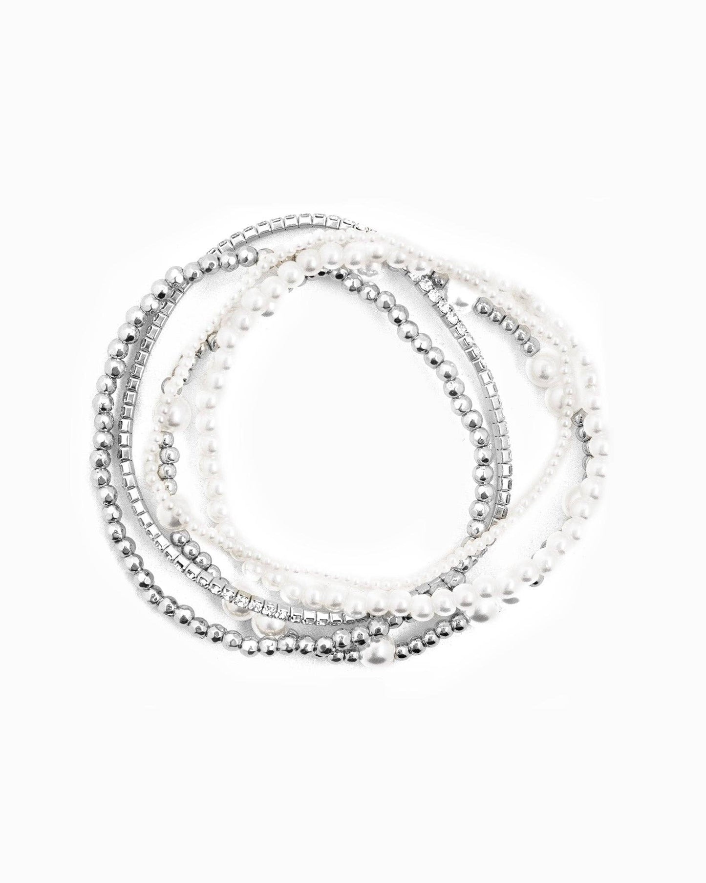 Unique Ball Bead and Pearl Stretch Bracelet Set of 5: Silver