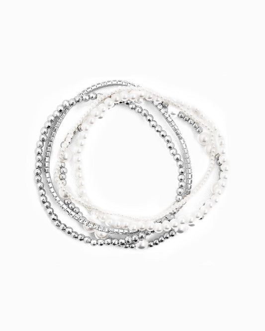 Unique Ball Bead and Pearl Stretch Bracelet Set of 5: Silver