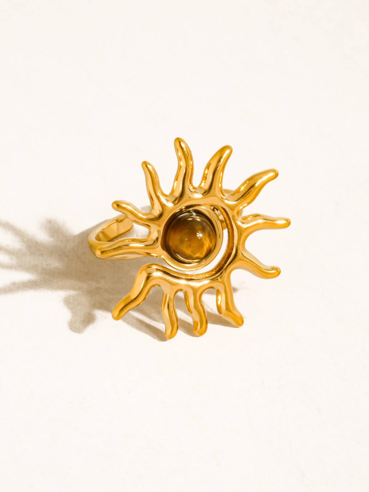 Hawthorne 18K Gold Non-Tarnish Tiger Eye Sun Ring: Brown / 7