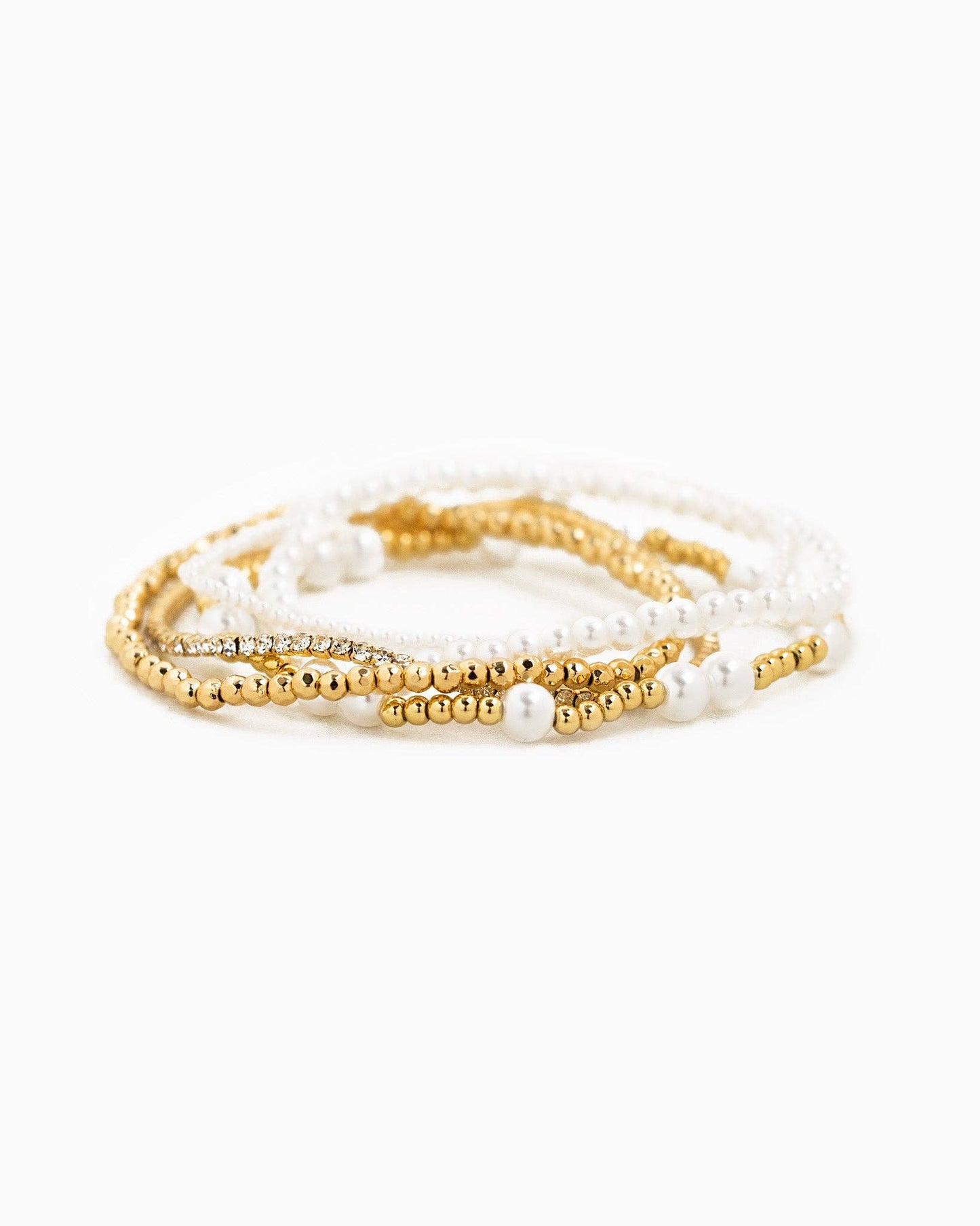 Unique Ball Bead and Pearl Stretch Bracelet Set of 5: Gold