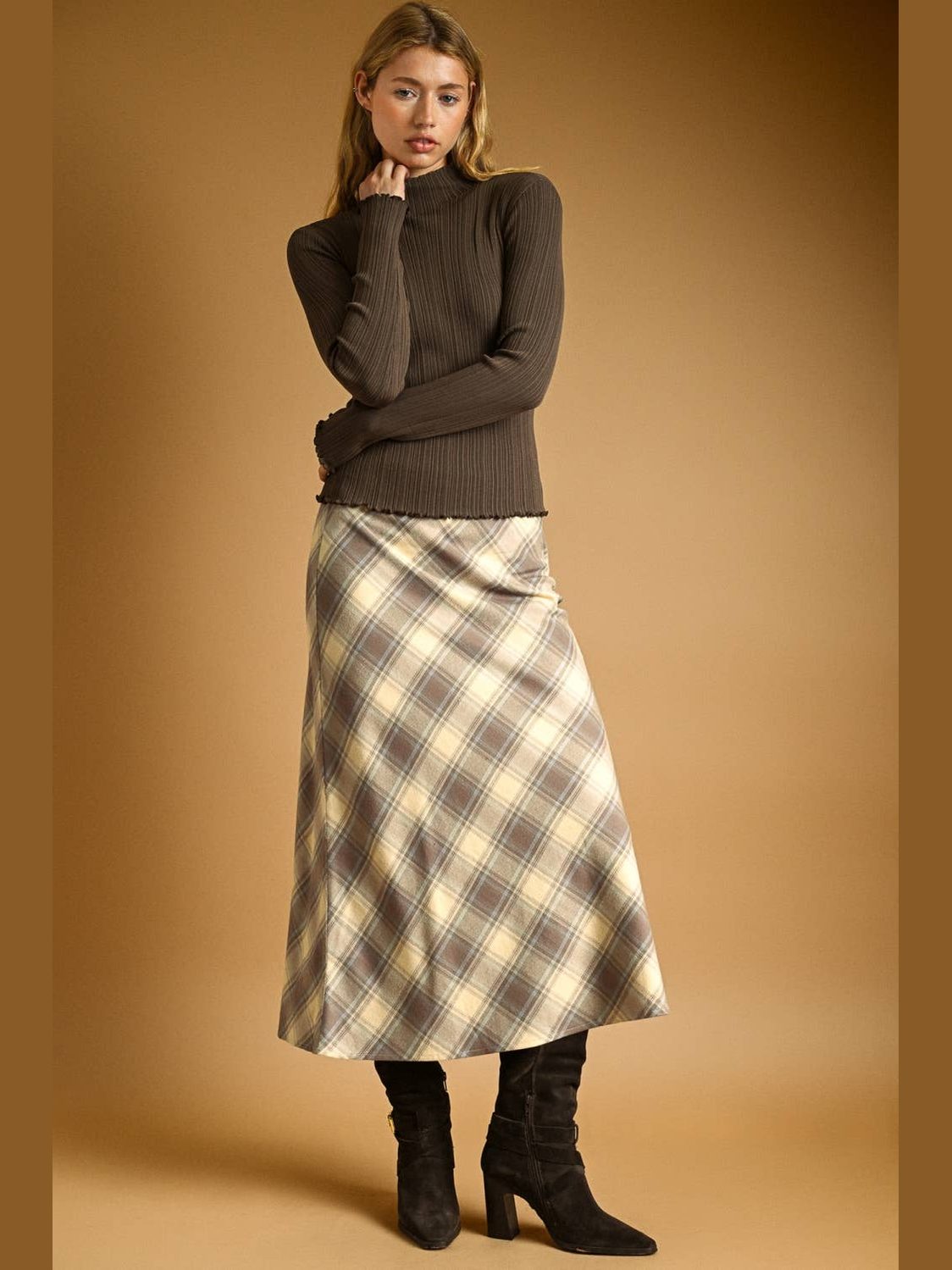 PLAID PRINTED STRETCH MAXI SKIRT