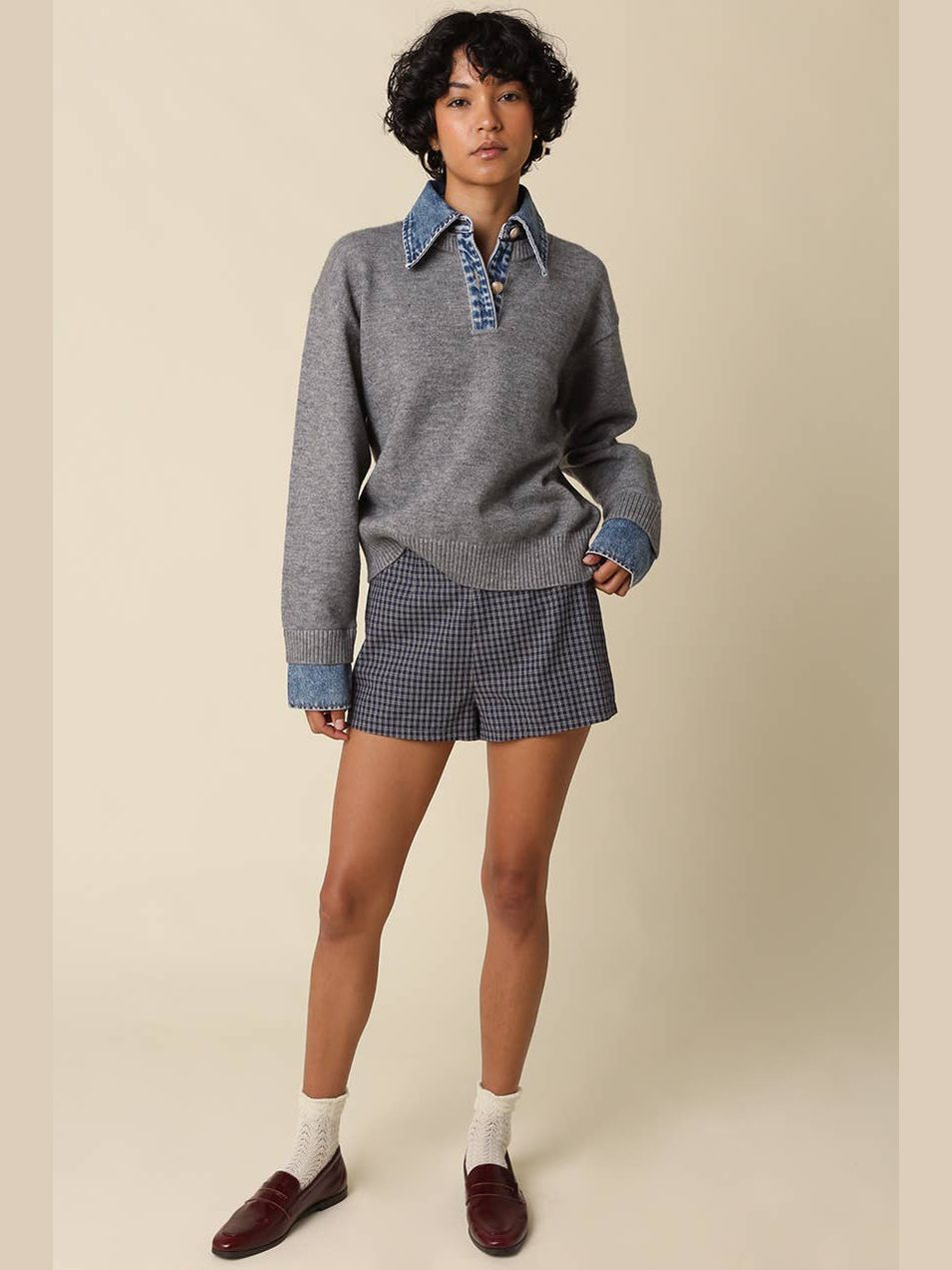 Emely Contrast Knit Top: GREY LT DENIM