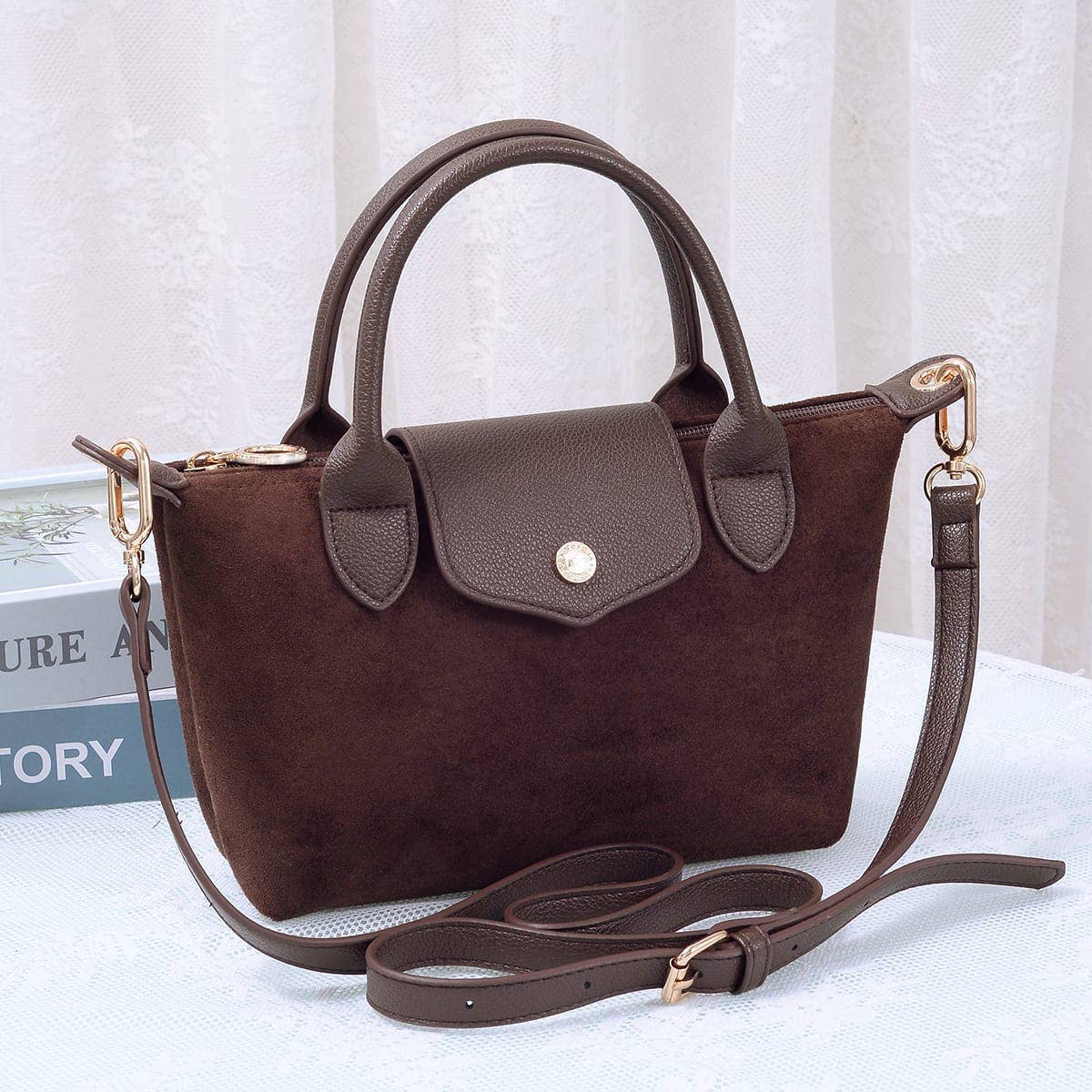 Britney Suede Double Handle Crossbody Bag: Chocolate