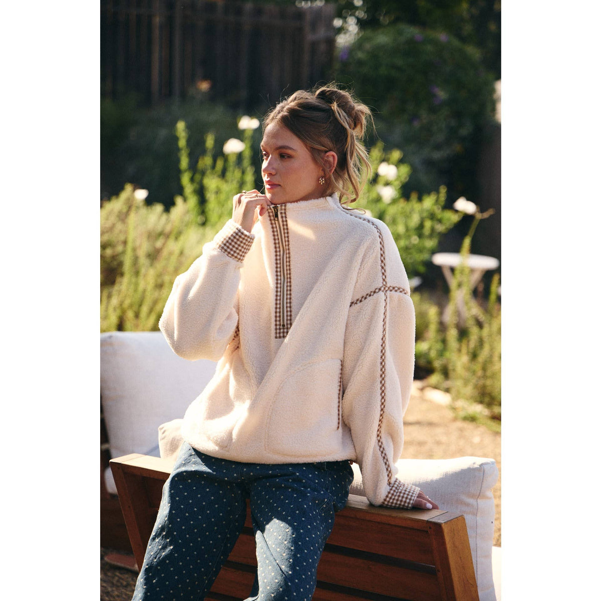 COZY CABIN GINGHAM TRIM SHERPA FLEECE HALF-ZIP PULLOVER: CREAM