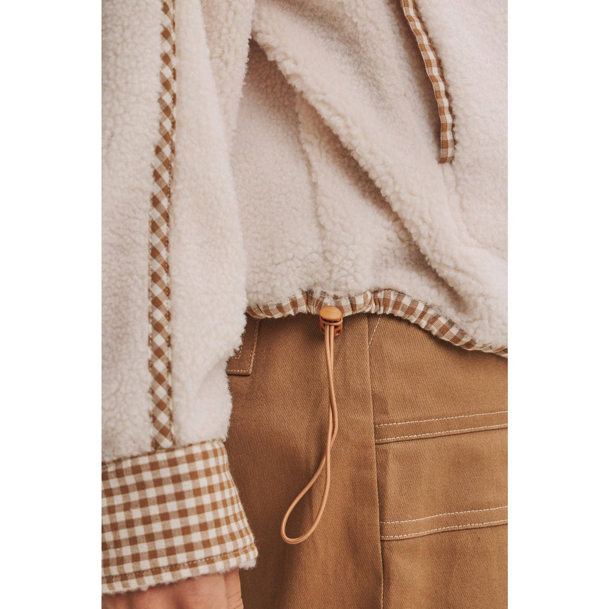 COZY CABIN GINGHAM TRIM SHERPA FLEECE HALF-ZIP PULLOVER: CREAM