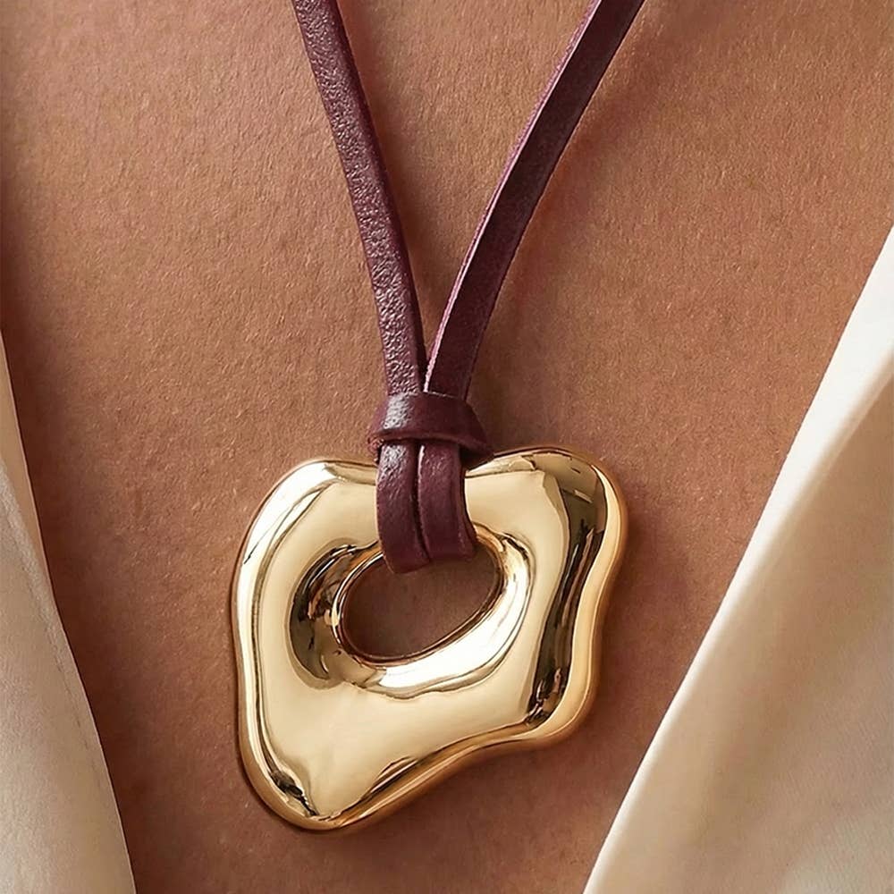 Abstract Gold Pendant Adjustable Cord Necklace: Burgundy