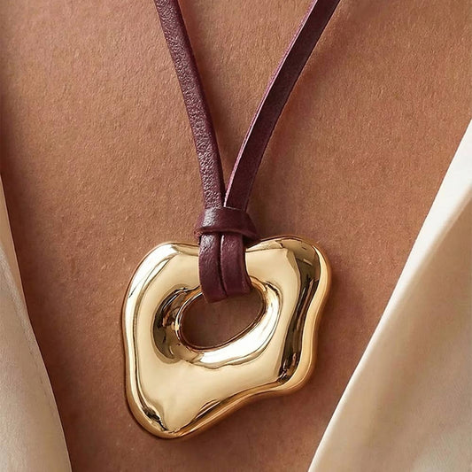 Abstract Gold Pendant Adjustable Cord Necklace: Burgundy