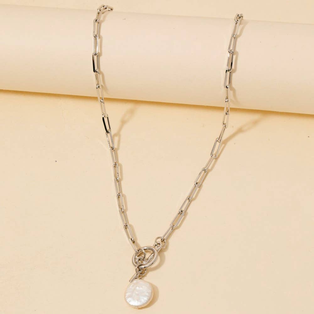Toggle Chain Link Disc Pearl Charm Necklace: Silver