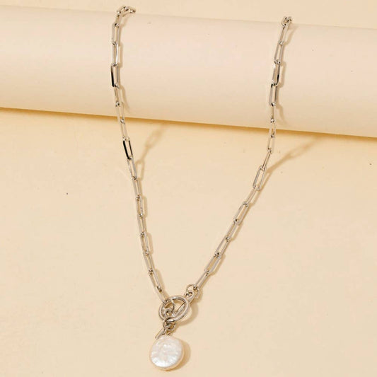 Toggle Chain Link Disc Pearl Charm Necklace: Silver
