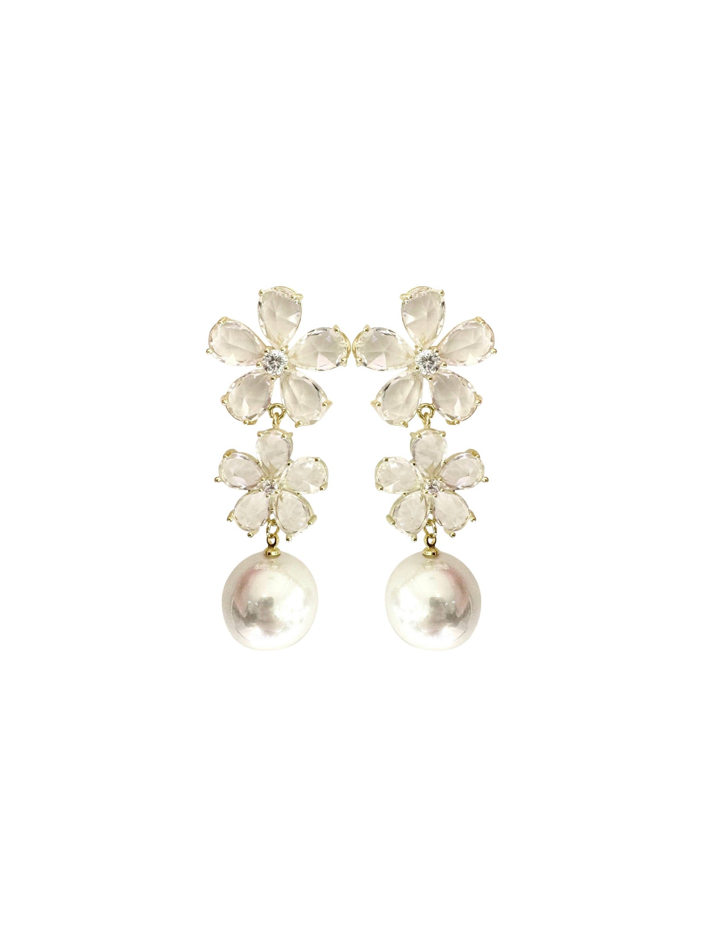 Clear Flower Drop Pearl Earring: Gold