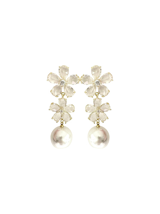 Clear Flower Drop Pearl Earring: Gold