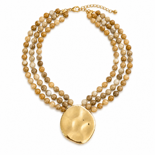 Gorgeously Draping Statement Beaded Necklace - 3 Row Marbled Beads: Light Brown