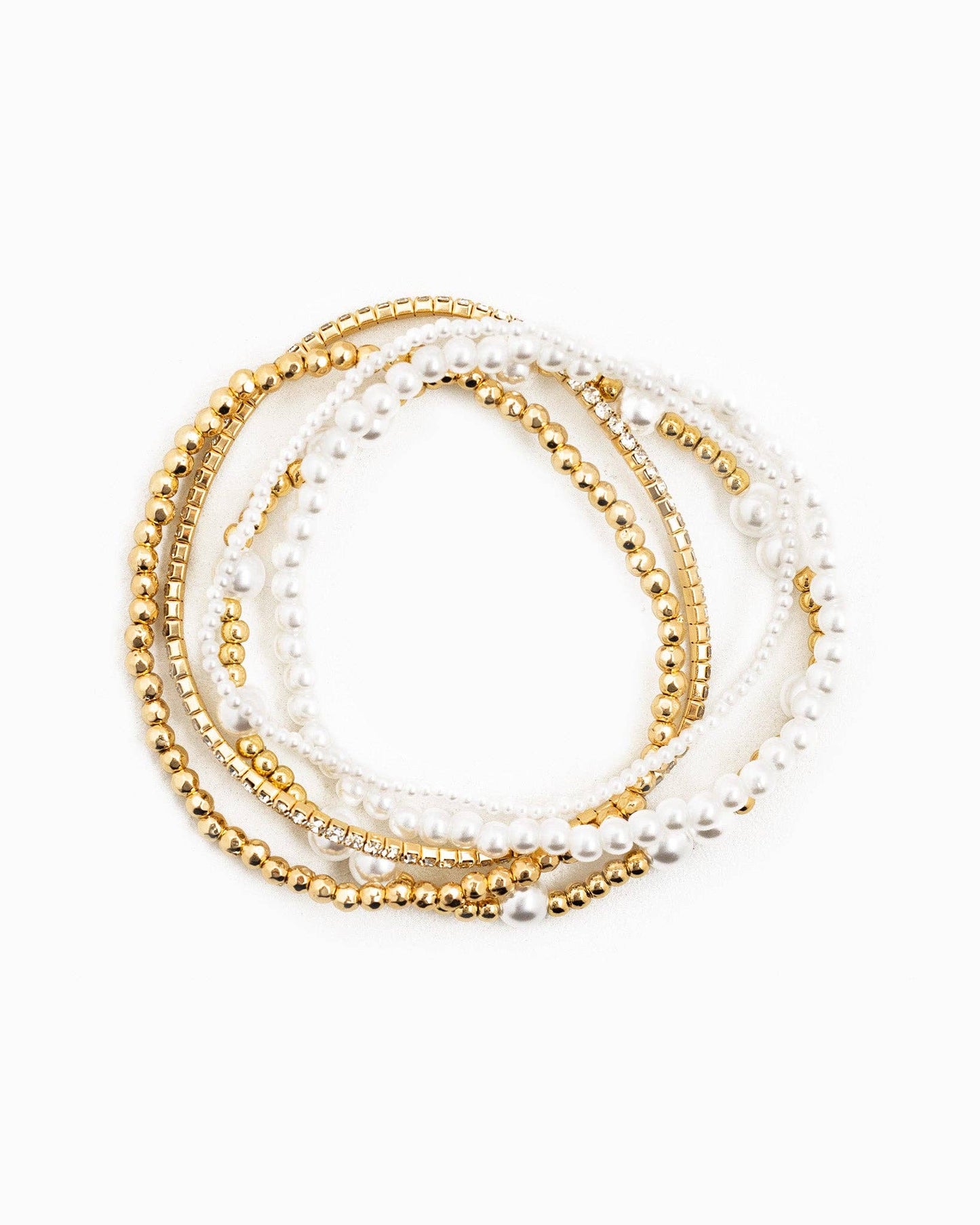 Unique Ball Bead and Pearl Stretch Bracelet Set of 5: Gold