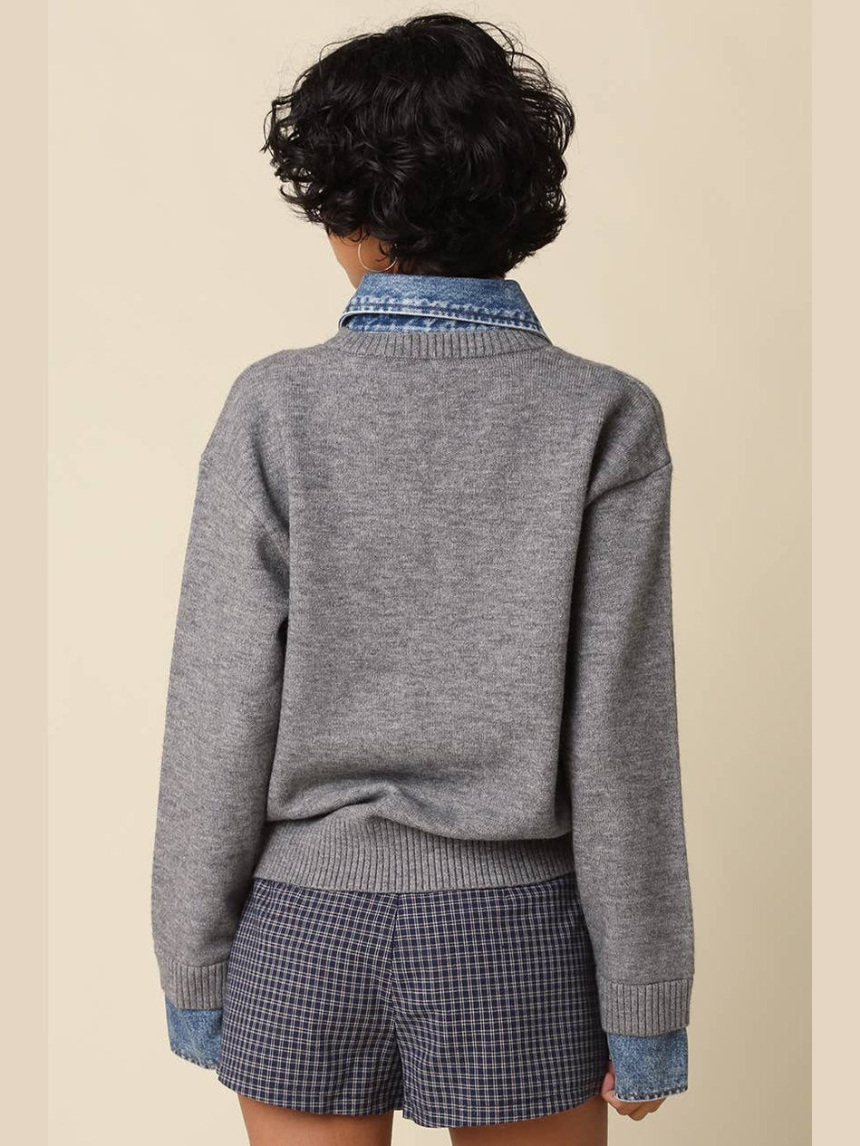 Emely Contrast Knit Top: GREY LT DENIM