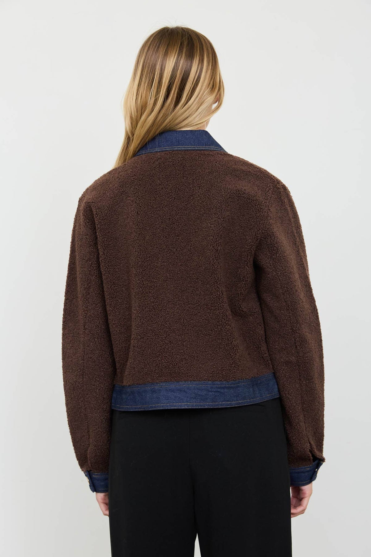DENIM TRIM SHERPA CROPPED JACKET