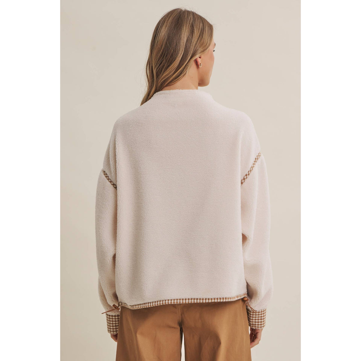COZY CABIN GINGHAM TRIM SHERPA FLEECE HALF-ZIP PULLOVER: CREAM