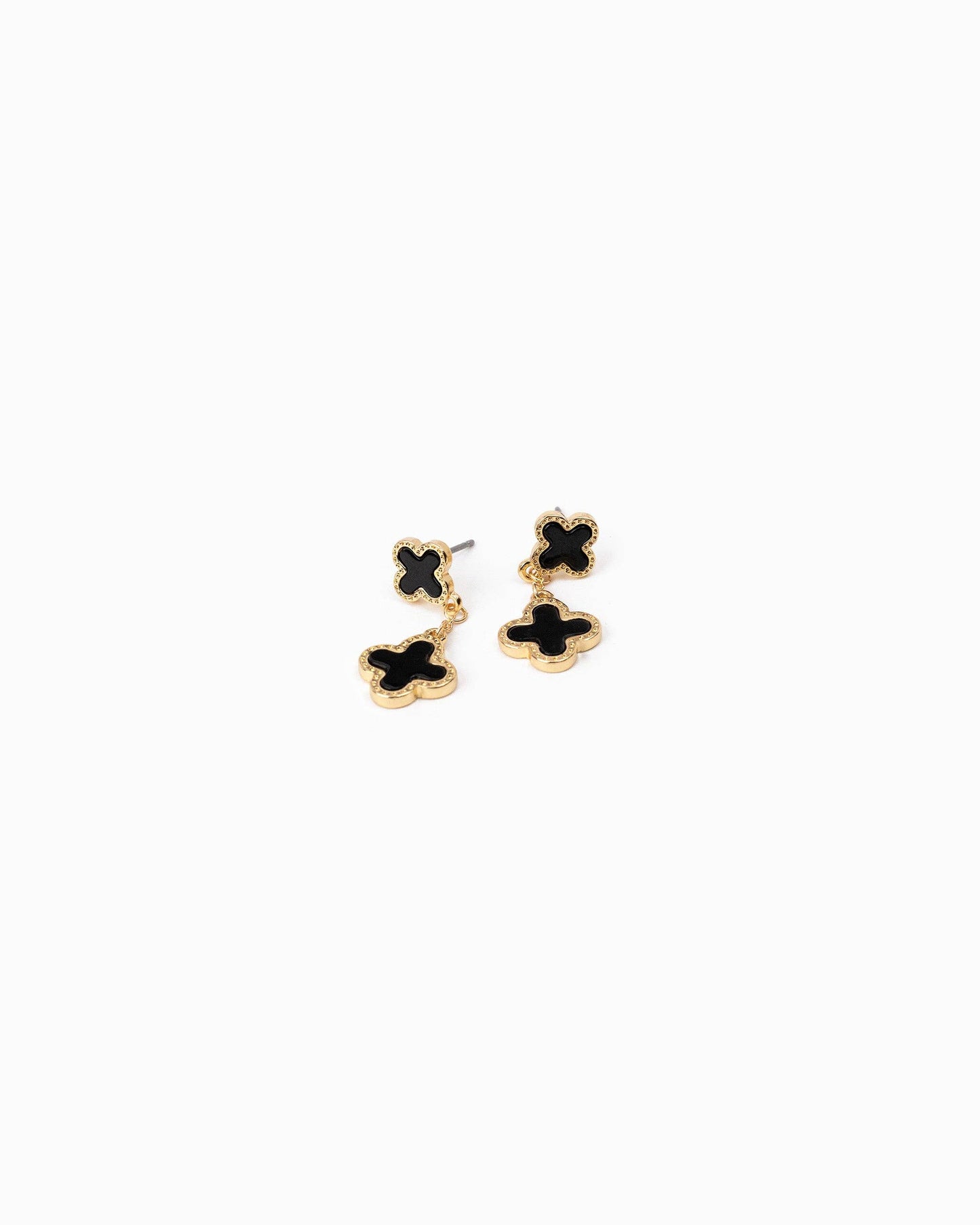 Mother of Pearl Double Clover Drop Earrings: Gold Black
