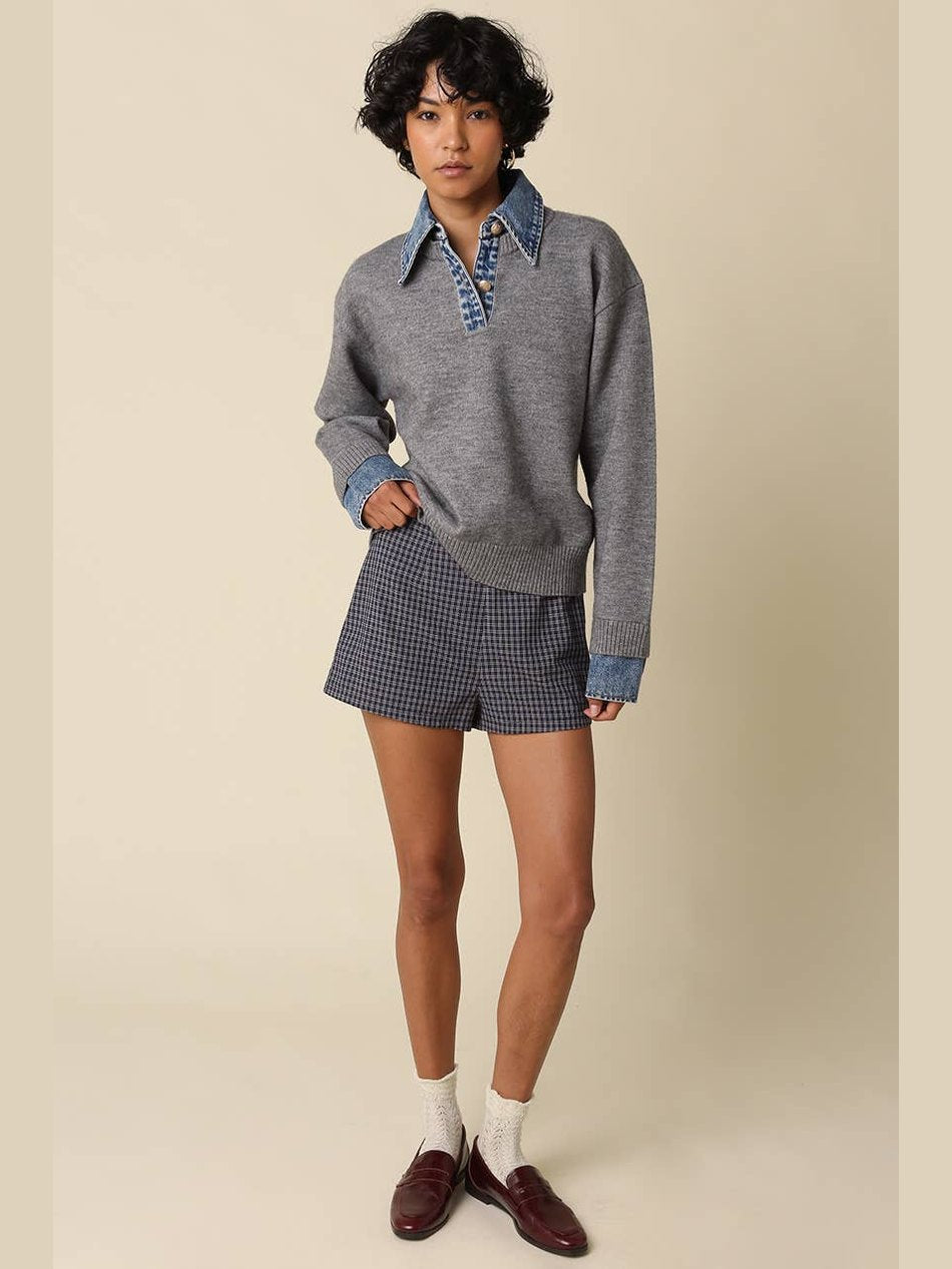 Emely Contrast Knit Top: GREY LT DENIM