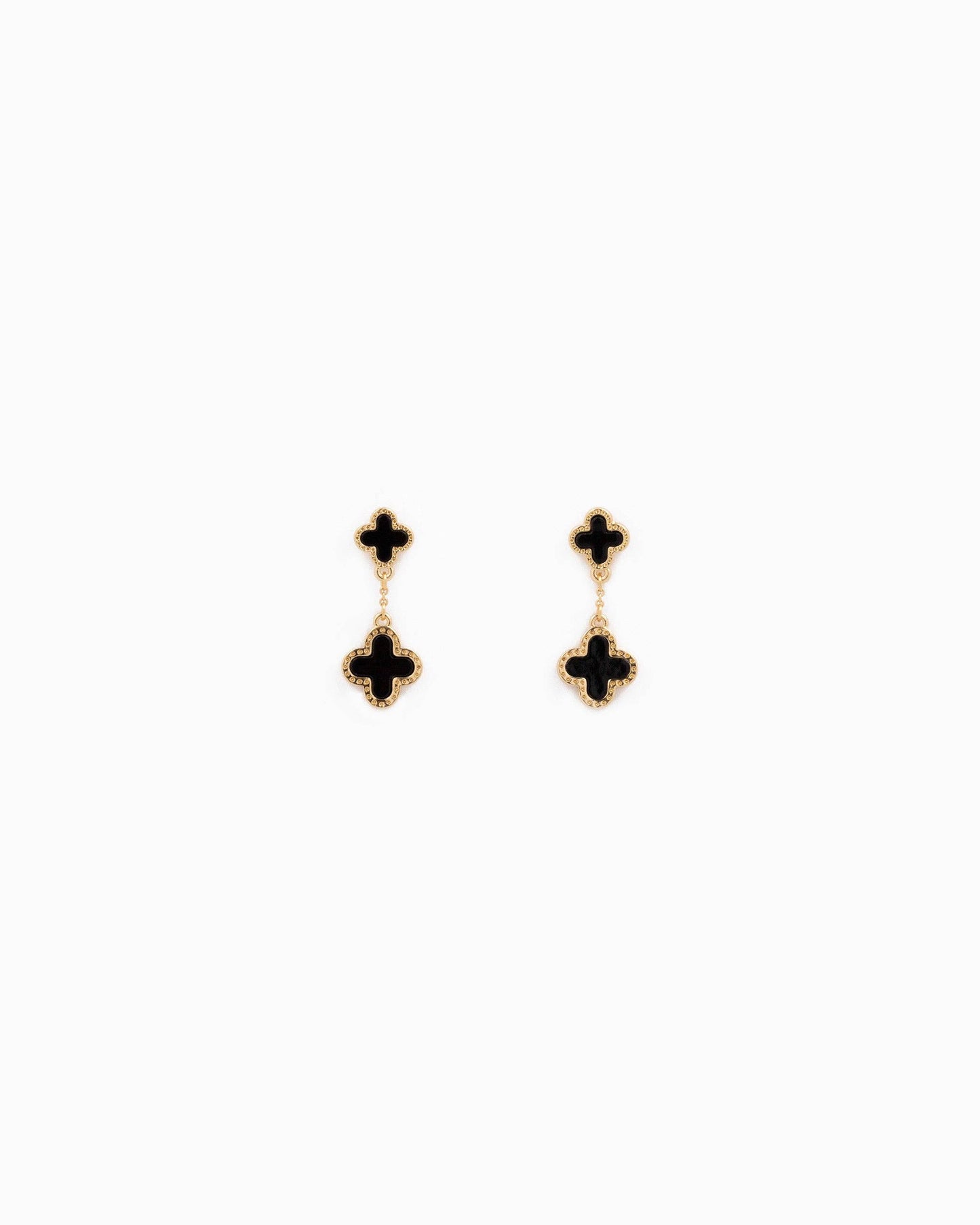Mother of Pearl Double Clover Drop Earrings: Gold Black