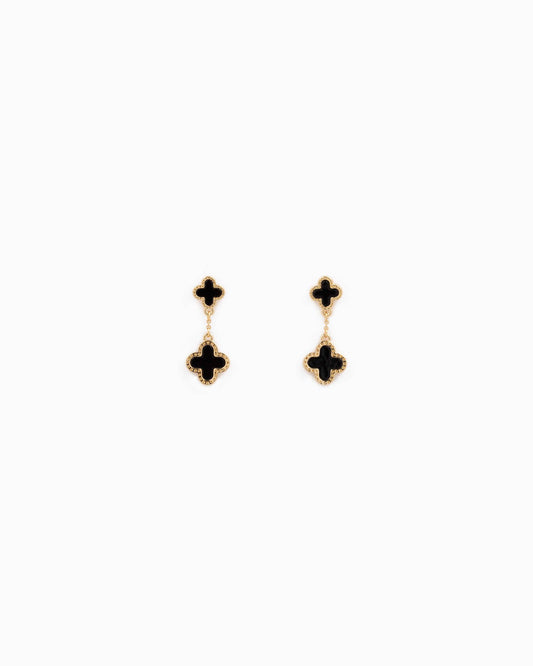 Mother of Pearl Double Clover Drop Earrings: Gold Black