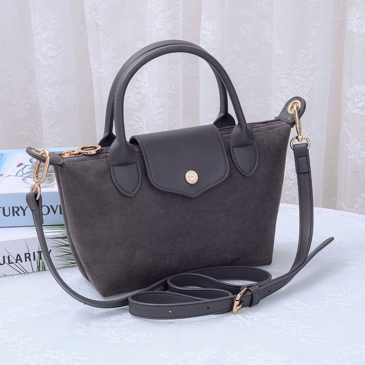 Britney Suede Double Handle Crossbody Bag: Black