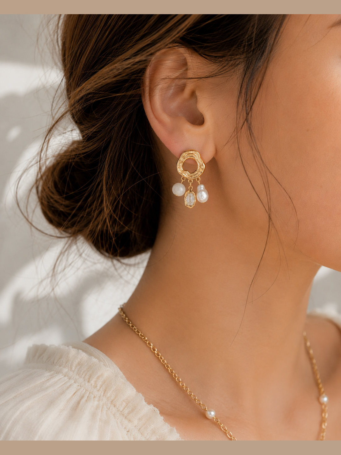 Organic Gem Stone Baroque Pearl Charm Drop Earrings