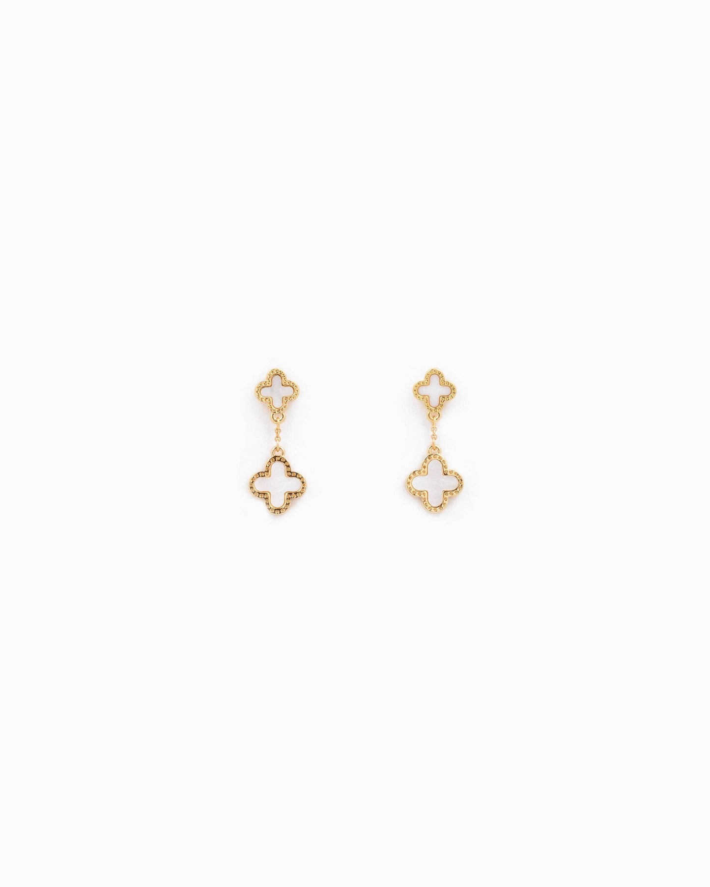 Mother of Pearl Double Clover Drop Earrings: Gold White