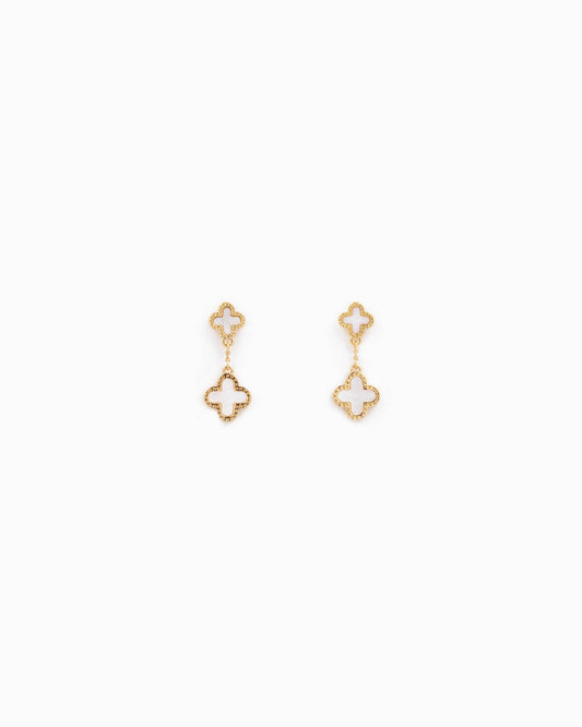 Mother of Pearl Double Clover Drop Earrings: Gold White