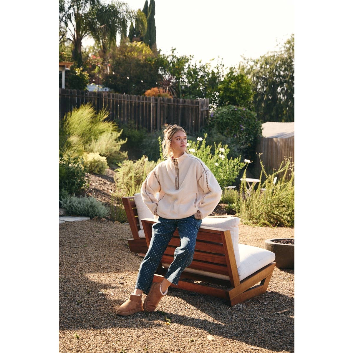COZY CABIN GINGHAM TRIM SHERPA FLEECE HALF-ZIP PULLOVER: CREAM