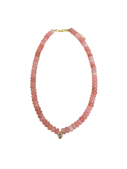 Dori CZ Teardrop Beaded Necklace- Light Pink